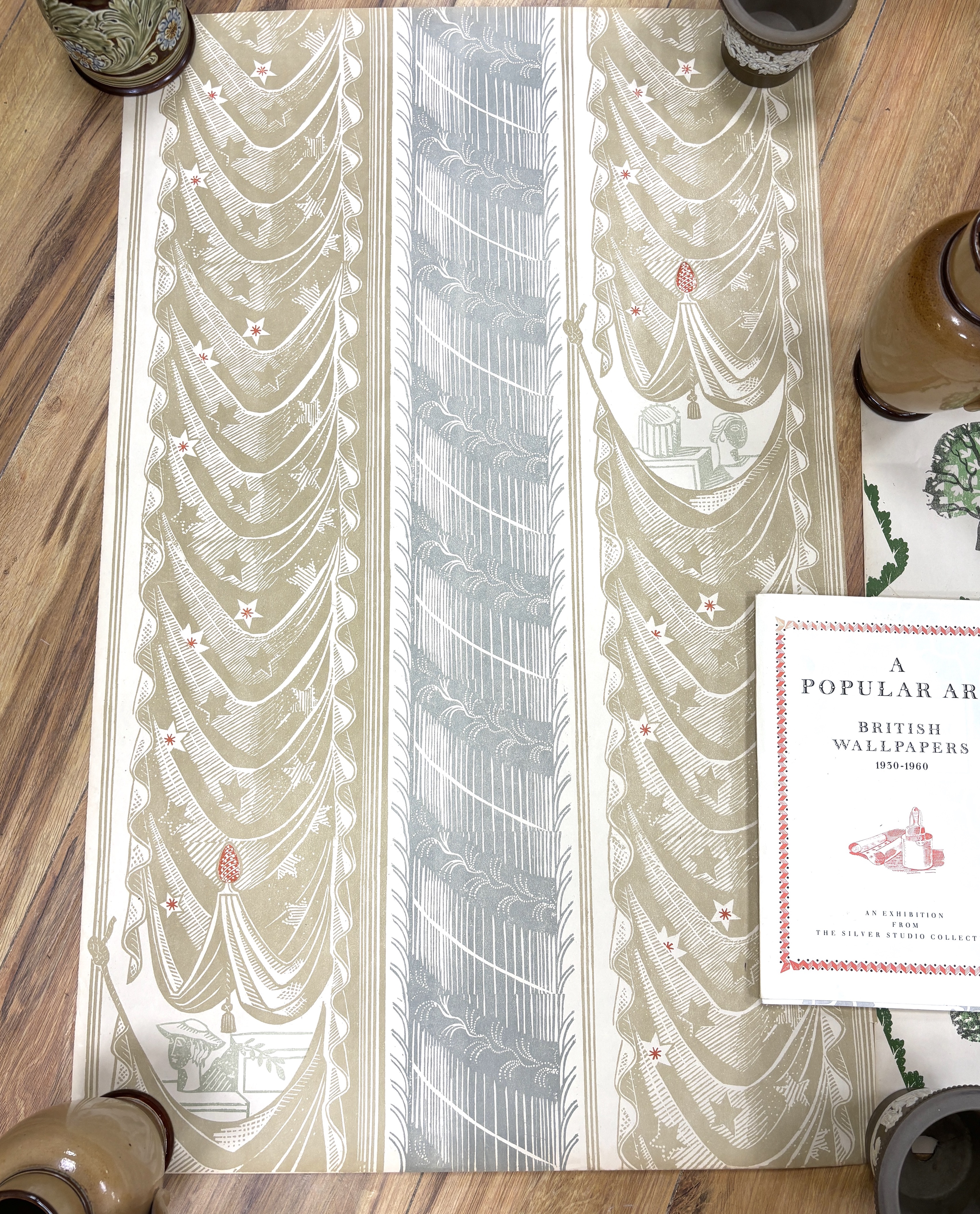 Bawden, Edward - Two sections of wallpaper, designed by Edward Bawden, ‘’Facade’’, 86 x 54.5cm. and ‘’Cow and Tree’’, 55 x 55.5cm., together with - de Joia, Roberta (editor) - A Popular Art: British Wallpapers 1930-1960,